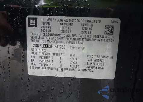 2015 Chevrolet Equinox Ls из США, поврежденный, VIN 2GNFLEEK3F6341280